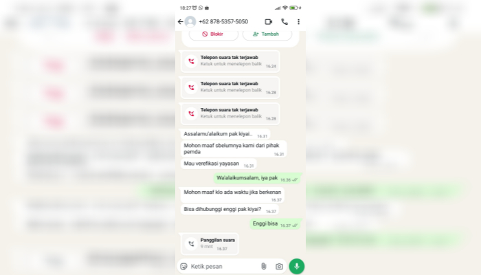 Screenshot percakapan oknum mengaku orangnya Bupati Sumenep saat menghubungi pihak Yayasan Pondok Pesantren Dliyaut Thalibin, Sogian, Ambunten. (Foto: Dok. Warta9)