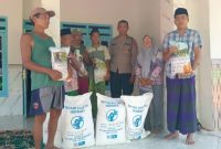 Kanit Binmas Polsek Gapura Aiptu Nur Yusuf, S.H., bersama Penyuluh Pertanian Lapangan (PPL) dan anggota Kelompok Tani Song Osong Lombung menunjukkan bantuan benih jagung hibrida TB10, Sabtu (30/5/2026). 