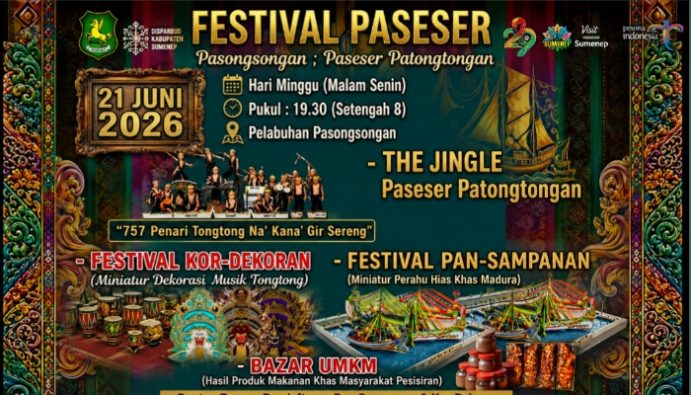 Pamflet Festival Paseser 2026 di Pelabuhan Pasongsongan yang akan menghadirkan pertunjukan 757 penari tongtong, festival budaya, dan bazar UMKM pesisir. (Istimewa)