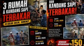 Petugas kepolisian bersama tim pemadam kebakaran dan warga berupaya memadamkan kobaran api yang menghanguskan tiga rumah serta kandang sapi di Dusun Gunung, Desa Payudan Dundang, Kecamatan Guluk-Guluk, Kabupaten Sumenep, Sabtu (11/7/2026).