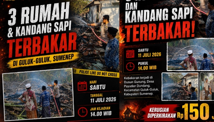 Petugas kepolisian bersama tim pemadam kebakaran dan warga berupaya memadamkan kobaran api yang menghanguskan tiga rumah serta kandang sapi di Dusun Gunung, Desa Payudan Dundang, Kecamatan Guluk-Guluk, Kabupaten Sumenep, Sabtu (11/7/2026).